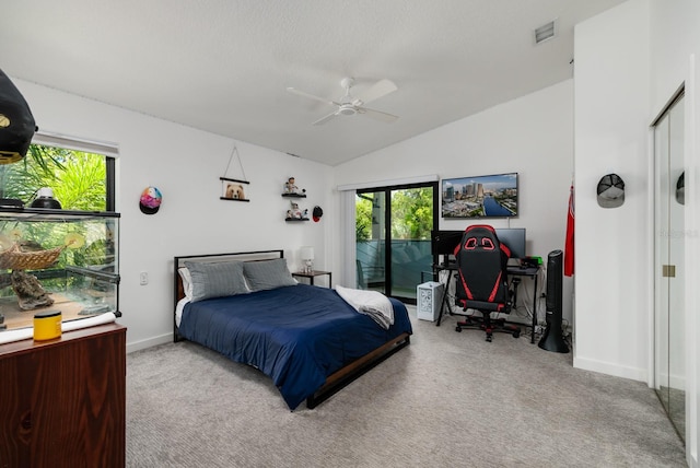 bedroom featuring multiple windows, ceiling fan, and light carpet