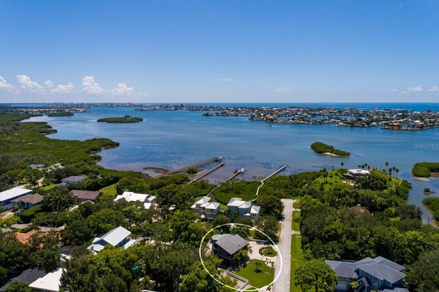 bird's eye view with a water view