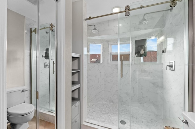 bathroom featuring wood-type flooring, toilet, and a shower with shower door