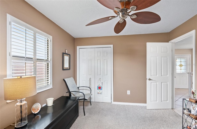 living area featuring a textured ceiling, baseboards, and carpet flooring