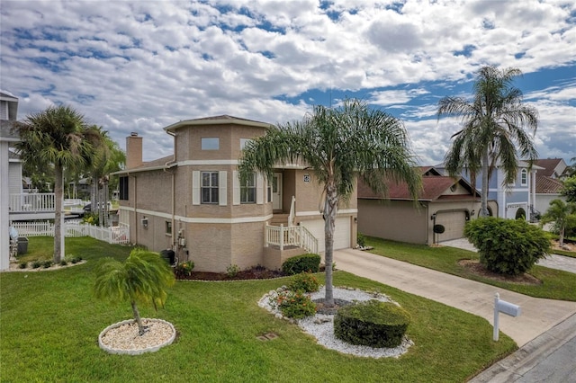 view of front of property with fence, driveway, stucco siding, a front lawn, and a chimney