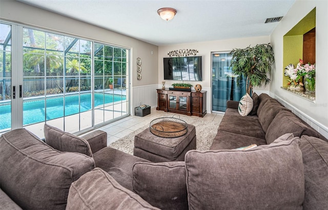 living room featuring light tile patterned floors