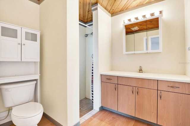 bathroom featuring vanity, toilet, wood-type flooring, and wooden ceiling