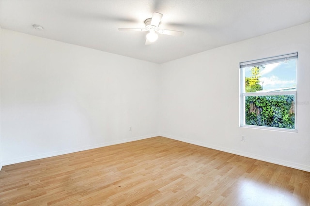 unfurnished room with ceiling fan and light wood-type flooring