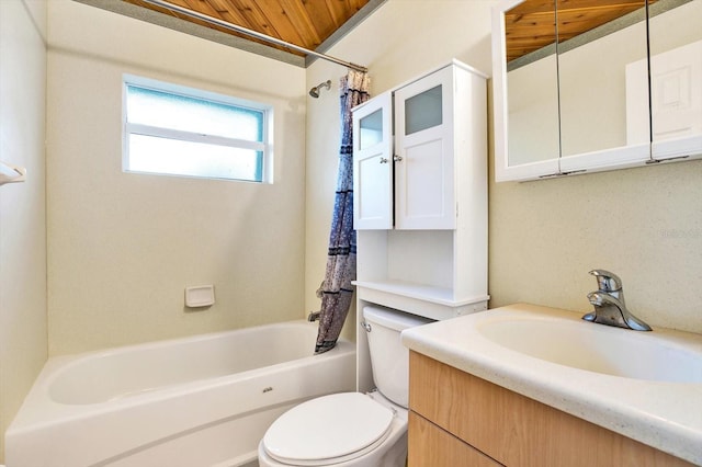 full bathroom with wood ceiling, toilet, shower / bath combination, and vanity