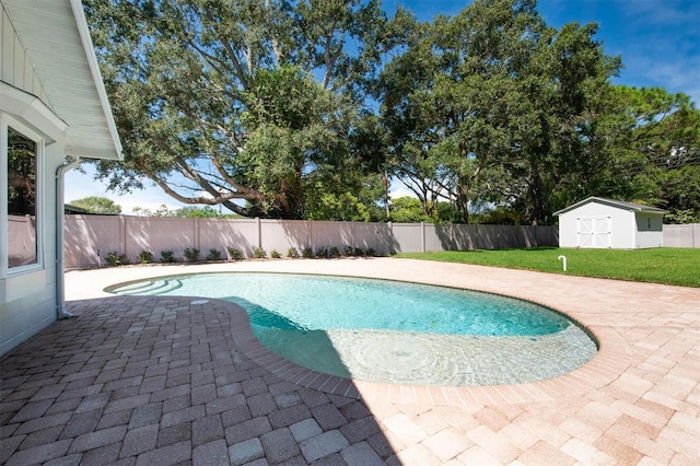 view of pool featuring a yard, a patio area, and a storage shed