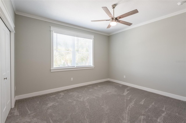 carpeted spare room with ceiling fan and ornamental molding