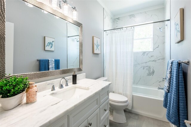 full bathroom with shower / bathtub combination with curtain, tile patterned flooring, crown molding, toilet, and vanity