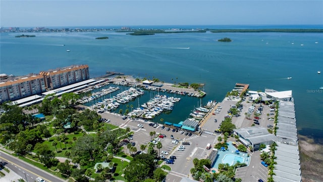 drone / aerial view with a water view