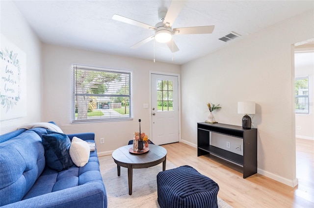 living area featuring light wood finished floors, visible vents, a ceiling fan, and baseboards