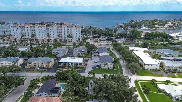 drone / aerial view with a water view