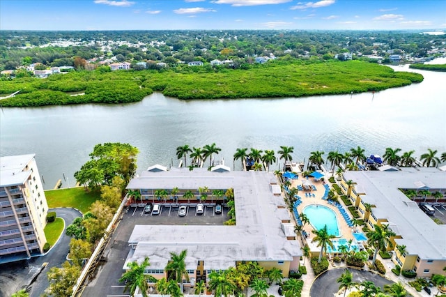 bird's eye view with a water view