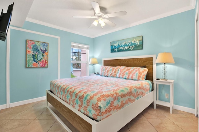 bedroom with ceiling fan, light tile patterned floors, and crown molding