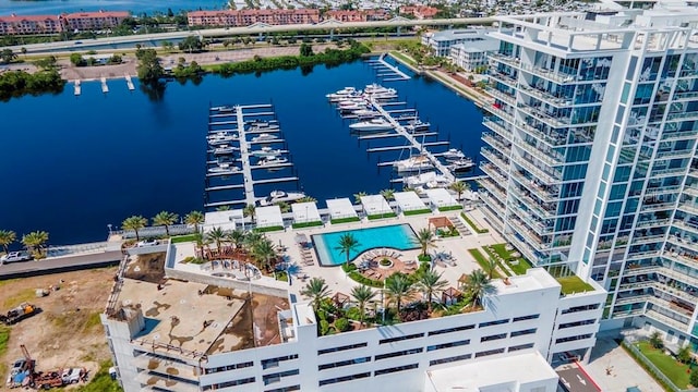 drone / aerial view featuring a water view