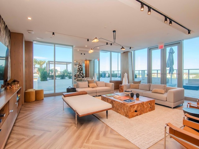 living room with expansive windows, track lighting, and light parquet floors