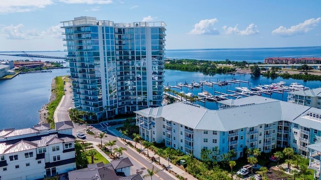 drone / aerial view with a water view