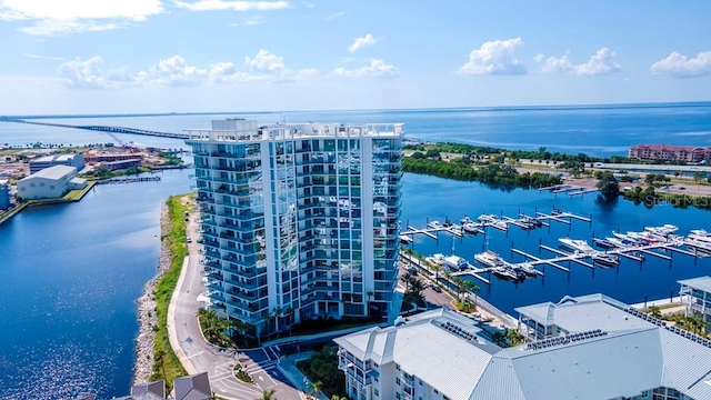 drone / aerial view featuring a water view