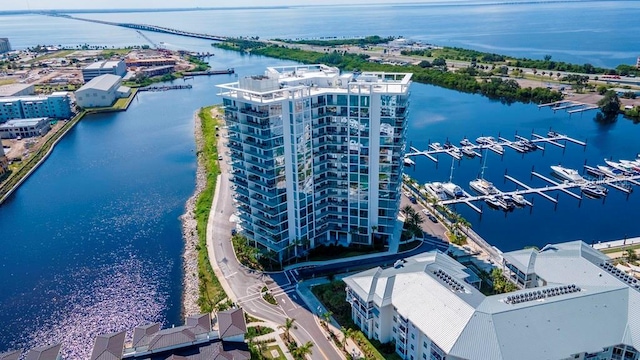 bird's eye view with a water view