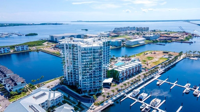 drone / aerial view featuring a water view