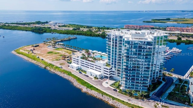 bird's eye view with a water view