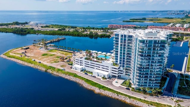 birds eye view of property featuring a water view