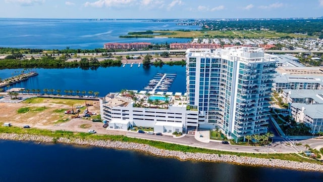 aerial view featuring a water view