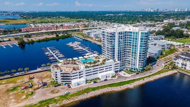 aerial view featuring a water view