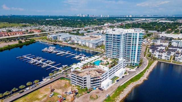 bird's eye view with a water view