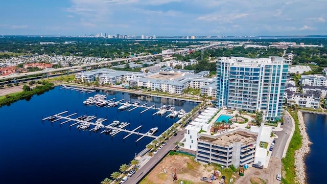 bird's eye view with a water view