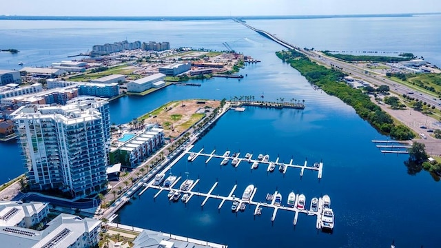 drone / aerial view with a water view