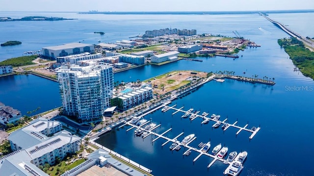 bird's eye view with a water view