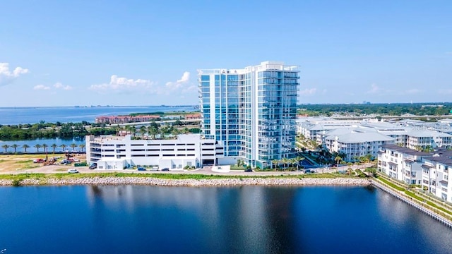 drone / aerial view featuring a water view