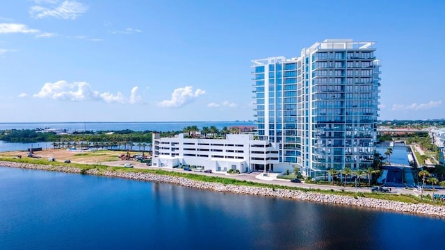 birds eye view of property featuring a water view