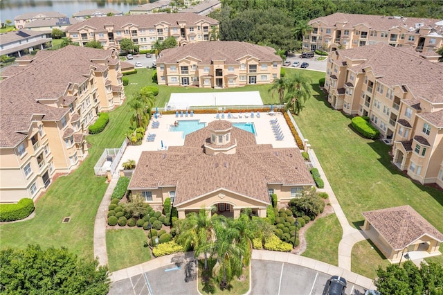 bird's eye view with a water view