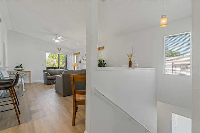 living room featuring vaulted ceiling, ceiling fan, and light hardwood / wood-style floors