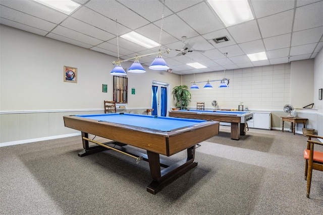 game room with a paneled ceiling, light carpet, and billiards