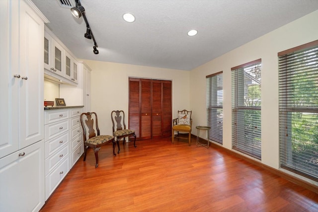 living area with a textured ceiling, track lighting, and light wood-type flooring