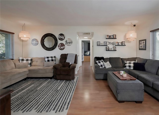 living room with plenty of natural light and hardwood / wood-style flooring