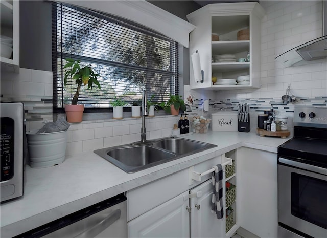 kitchen featuring white cabinetry, appliances with stainless steel finishes, sink, and backsplash