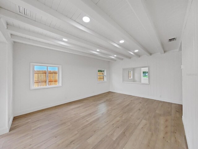 unfurnished room with light hardwood / wood-style floors and beamed ceiling