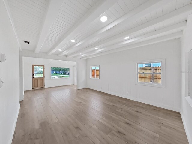 unfurnished living room with beam ceiling and light hardwood / wood-style flooring