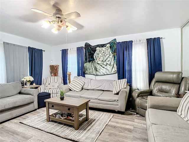 living room with ceiling fan and light hardwood / wood-style flooring