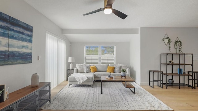 living room featuring ceiling fan, light hardwood / wood-style floors, and lofted ceiling