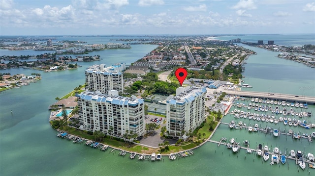 drone / aerial view with a water view and a city view