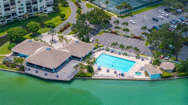 aerial view featuring a water view