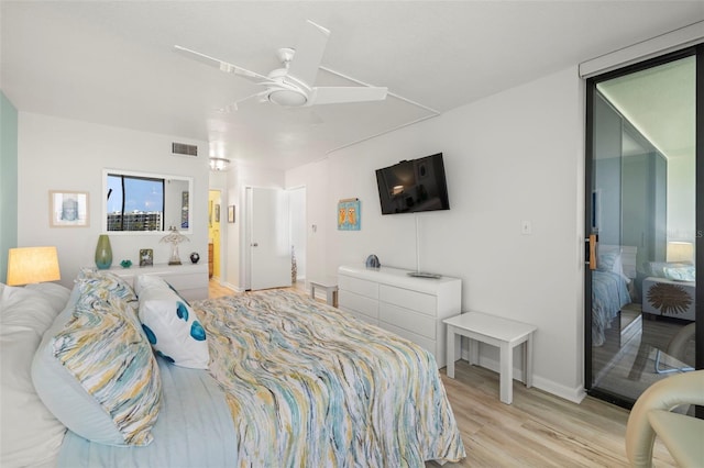 bedroom featuring ceiling fan, light wood finished floors, and visible vents