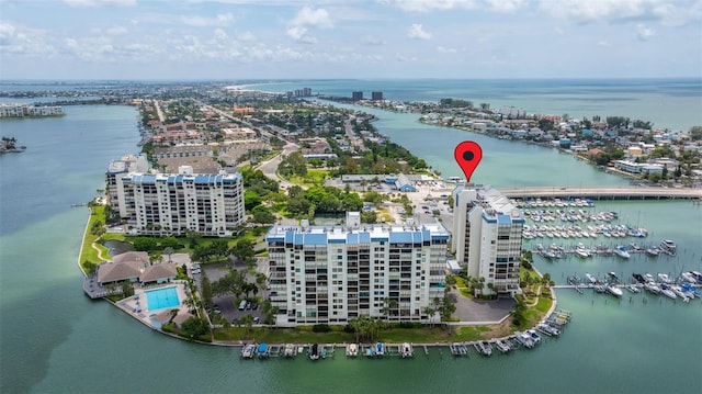 birds eye view of property featuring a water view