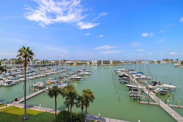 property view of water featuring a boat dock