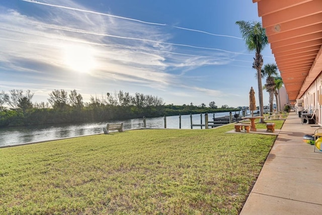 view of yard with a water view and a boat dock