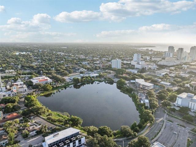 bird's eye view with a water view